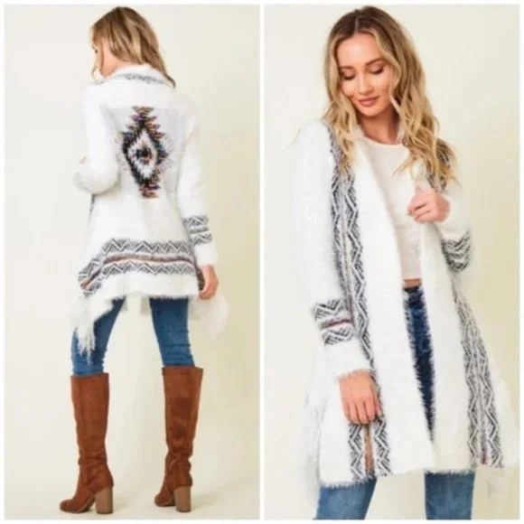 White Fuzzy Eyelash Western Boho Fringe Rainbow Aztec Pattern Open Knit Cardigan - Picture 1 of 5